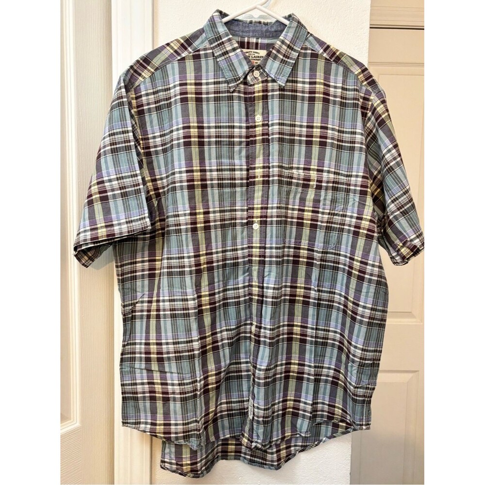 Ralph Lauren Short-Sleeve Plaid Button-Down in Light Blue, Purple and Green